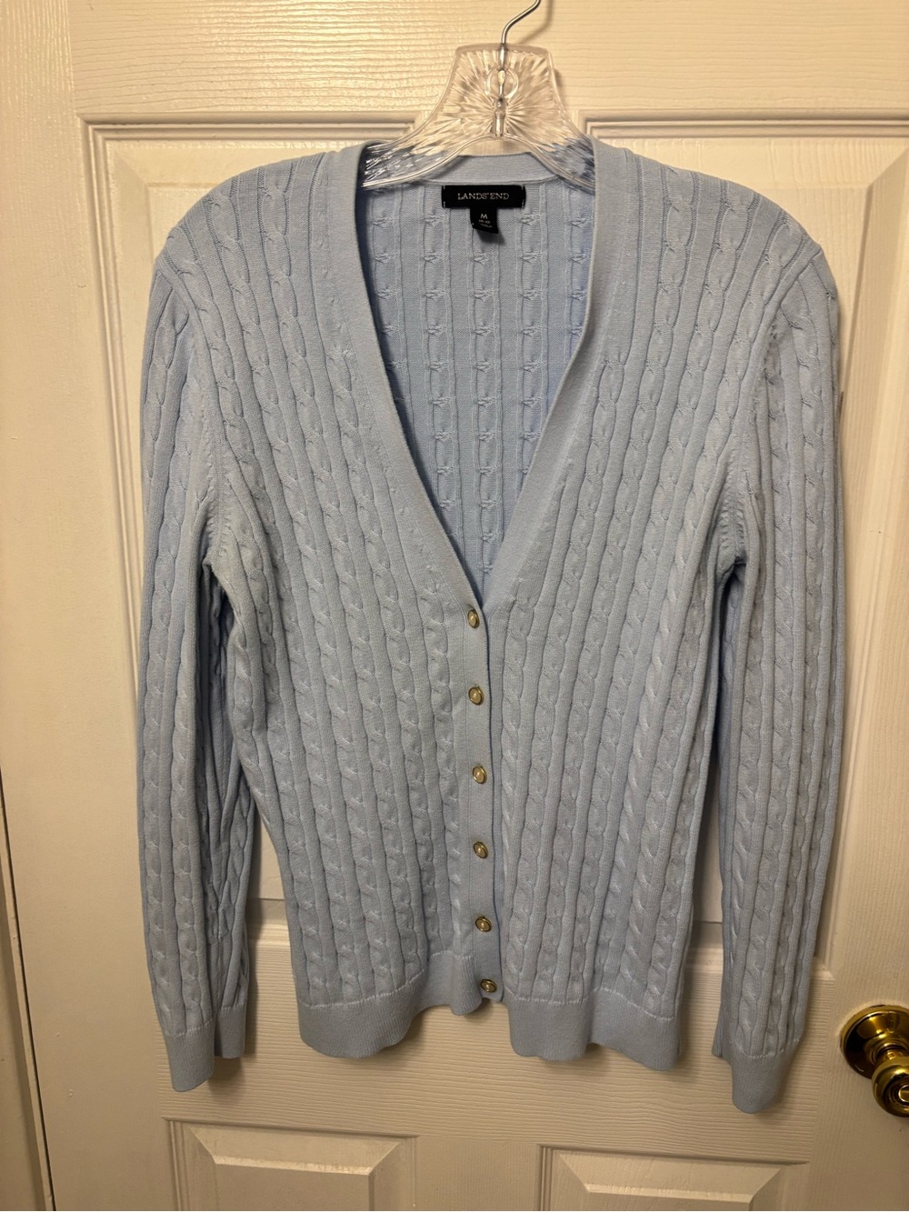 Lands' End Light Blue Cable-Knit V-Neck Cardigan with Gold Buttons